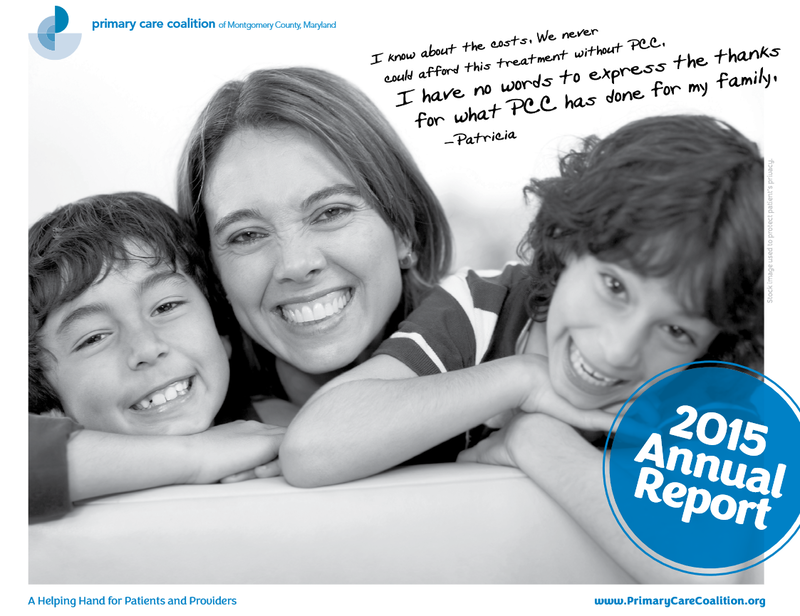 2015 Annual Report Cover. Mother and two sons with quote "I know about the costs. We never could afford this treatment without PCC. I have no words to express the thanks for what PCC has done for my family." Patricia